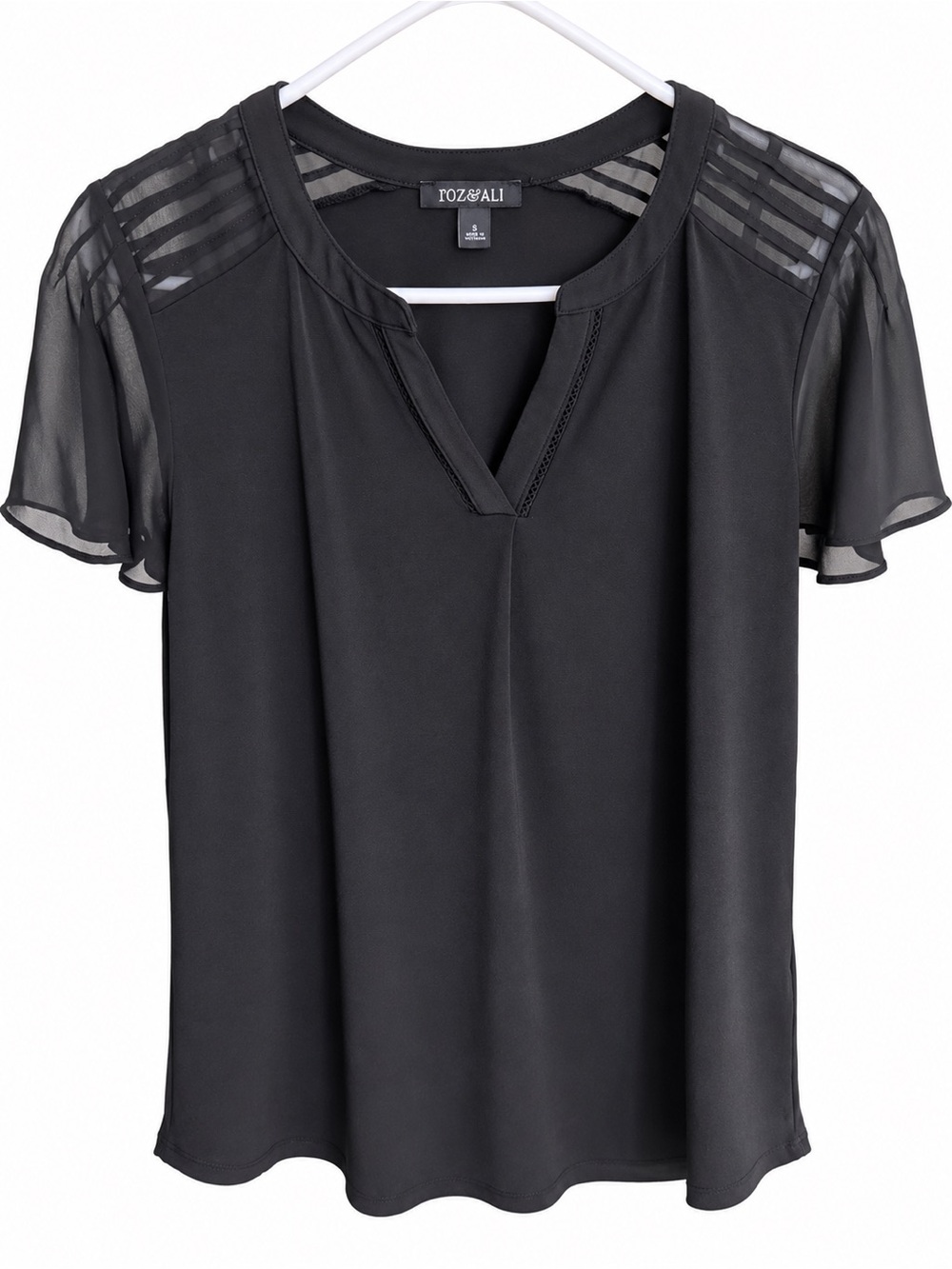 Roz & Ali Black V-Neck Blouse with Sheer Stripe Shoulders Size Small